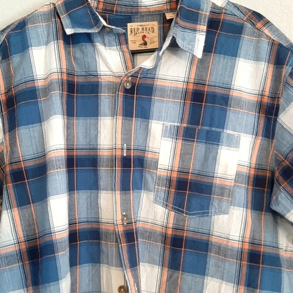 RedHead Mens XL Short Sleeve Button Down Shirt Blue Orange Plaid Dobby Pocket - Picture 5 of 9